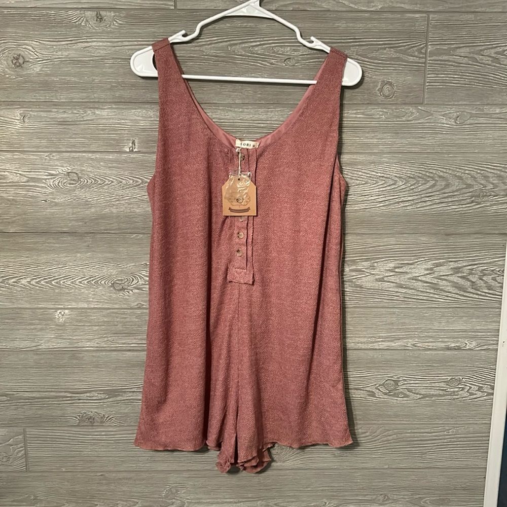 KORI Pink Heathered Sweater Knit Button Down Romper NWOT M